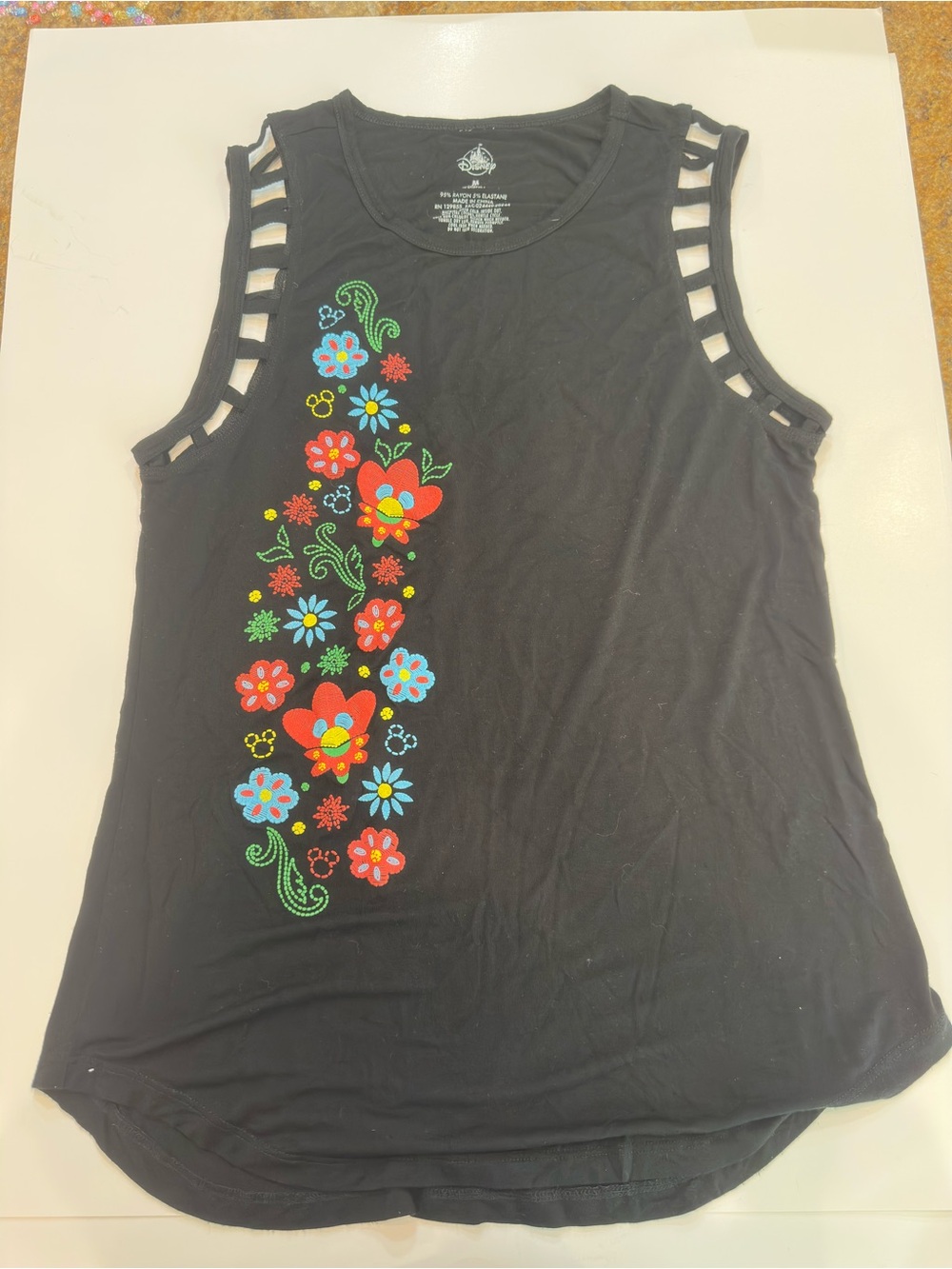 Women's Black Sleeveless Floral Disney Embroidered Tank Top